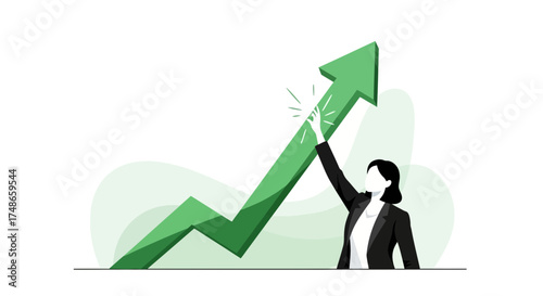 Successful businesswoman celebrating business growth and financial success in a visualized graph
