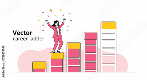 Successful businesswoman celebrating career achievements on a vector ladder illustration