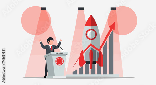 Successful Founder Announcing Startup Launch And Growth With Rocket And Upward Graph