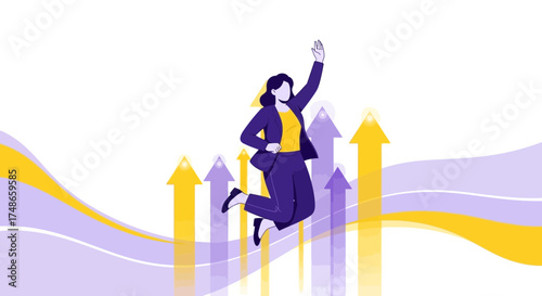 Successful businesswoman celebrating growth and success with upward trending arrows visualization