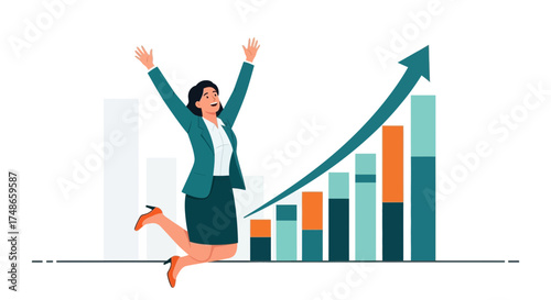 Successful Businesswoman Celebrating Growth With Upward Trend in Financial Chart