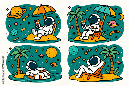 Cartoon astronaut on tropical space islands with planets and stars on white background   
