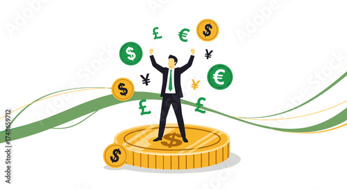 Successful Investor Appears With Global Currency Symbols And Financial Growth Illustration