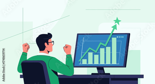 Successful Investor Celebrating Growth And Achievement With A Rising Financial Trend On Screen