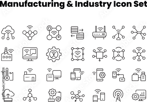 Editable Industrial IoT Connectivity Line Icon Set — Smart Factory & Automation Network