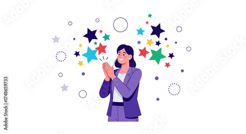 Successful Businesswoman Clapping and Celebrating Achievement with Colorful Starbursts Illustration