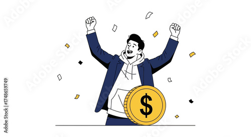 Successful investor with a raised arm celebrates financial achievement and victory