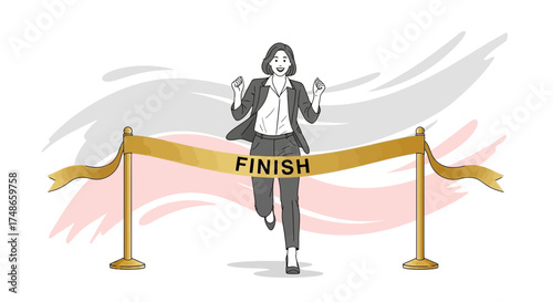 Successful Businesswoman Crossing Finish Line Celebrating Victory Achieving Goal Champion