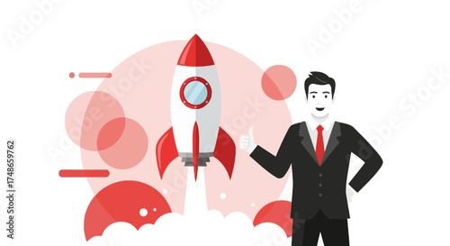 Successful Launch: Business Person Celebrates Startup Success With A Red Rocket Illustration