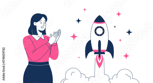 Successful Launch: Woman Congratulates Rocket Blasting Off Into Space in Vibrant Illustration