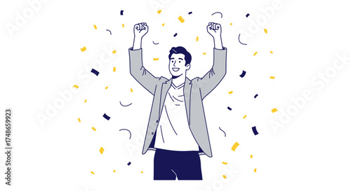 Successful man celebrates victory with confetti, vector illustration on white background