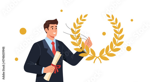 Successful Man Celebrating Achievement with Diploma and Laurel Wreath in Vector Illustration