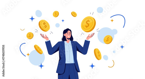 Successful Businesswoman Juggling Currency Symbols, Achieving Financial Freedom and Prosperity