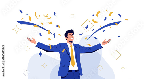 Successful Man Celebrating Achievement with Joyful Confetti in the Air and Celebration