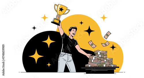 Successful man celebrating with a trophy and money, representing achievement and financial growth