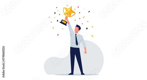 Successful Person Celebrating Achievement Holding Trophy With Star Symbol And Confetti