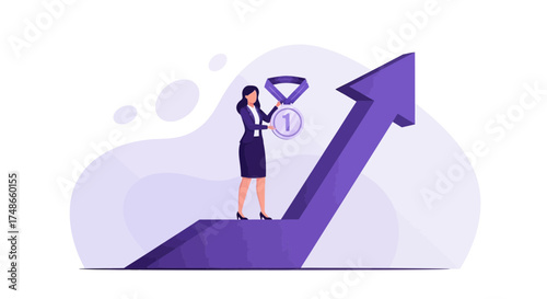 Successful Businesswoman Proudly Displaying Award Standing On Growth Arrow With Illustration
