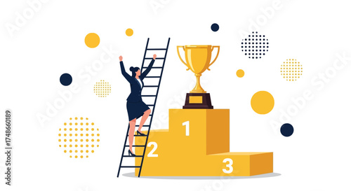 Successful businesswoman reaches the top for victory and business success achievement