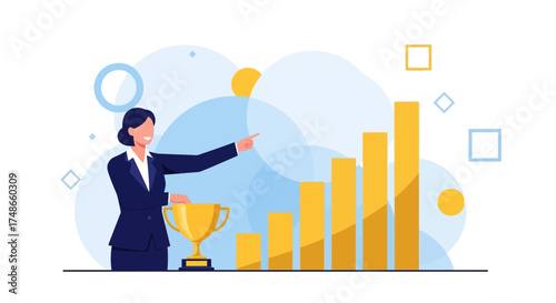 Successful businesswoman showing growing financial growth and victory with golden trophy