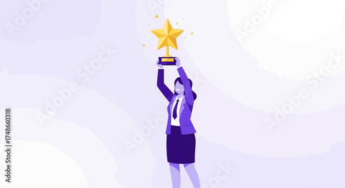 Successful Professional Celebrates Victory by Holding a Gold Star Award Skyward With Joy