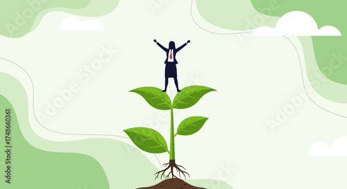 Successful businesswoman stands on a growing plant illustrating business growth and achievement
