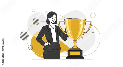 Successful businesswoman with a golden trophy celebrating victory and achievements illustration