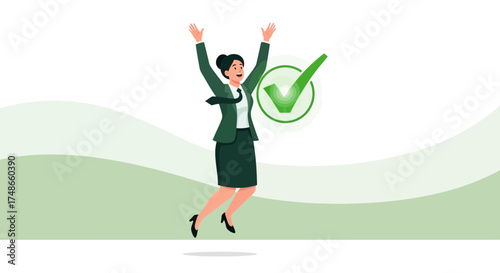 Successful Businesswoman with Check Mark Celebrating Achievement and Positive Results