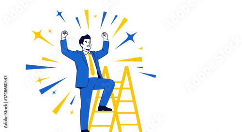 Successful Entrepreneur Achieving Greatness, Reaching The Pinnacle Of Success, Celebrating Victory