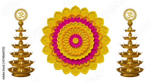 Photos Traditional indian brass oil lamps and floral decoration isolated on transparent