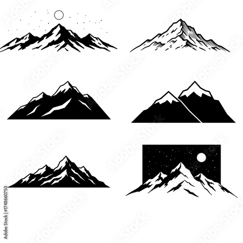 Mountain silhouette icon set in black for adventure logo design