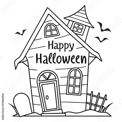 Happy Halloween Haunted House Coloring Page Vector – Spooky Ghostly Home Black and White Line Art Illustration with Gravestone, Bats, and Fence