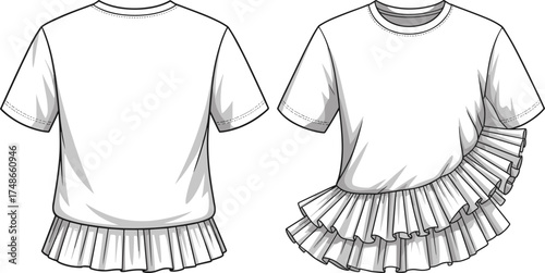 Ruffle hem T‑shirt illustration, technical drawing, short sleeve design, round neckline, pleated detail, garment sketch, apparel template, sewing pattern, fashion flat, casual wear