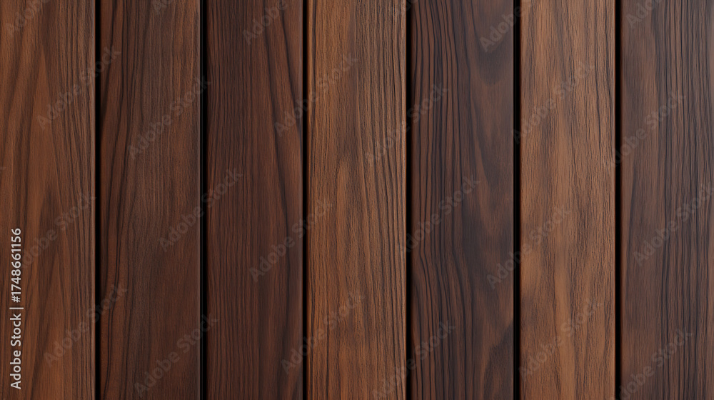 Fototapeta premium Dark brown wood planks arranged vertically show the natural grain and texture of the lumber. The wood is smooth and the image is uniformly lit.