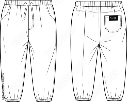 Jogger pants illustration, technical drawing, elastic waistband, drawstring detail, ribbed cuffs, patch pocket, AMOR label, garment sketch, apparel template, sewing pattern