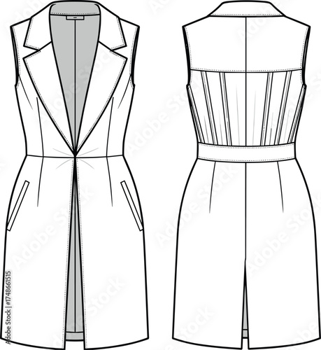 Vest dress illustration, sleeveless design, tailored silhouette, notched lapel collar, welt pockets, garment sketch, apparel design, sewing pattern, fashion flat, elegant style