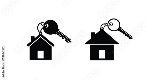 Simple black and white house key icons representing home ownership concepts
