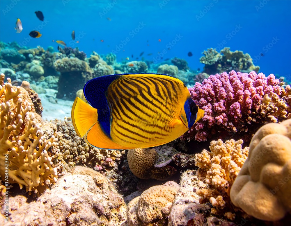 Fototapeta premium Vibrant coral reef scene with a regal angelfish