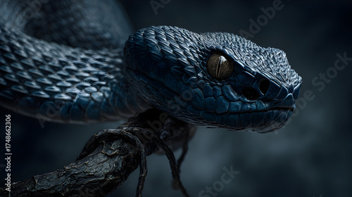 Menacing snake close up on dark twist for nature and wildlife themes