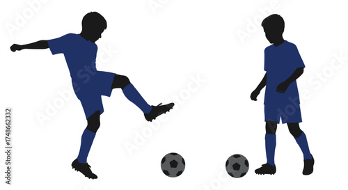 Two soccer players in blue silhouettes interacting with a soccer ball