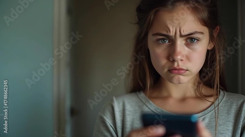 Young person frowning at phone camera, forehead lines visible
