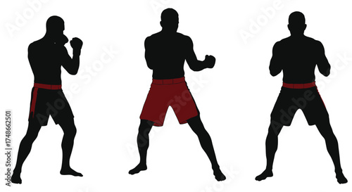 Silhouette of three boxers in dynamic fighting poses demonstrating technique