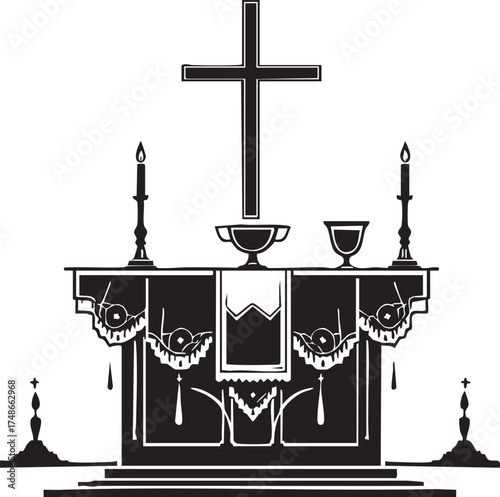 Christian altar vector—black-and-white silhouette of ceremonial table with cross, chalice, candles, and sacred worship elements