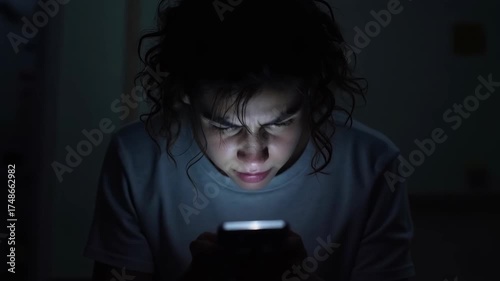 Phone screen glow at 3am, anxious eyes, unread notifications
