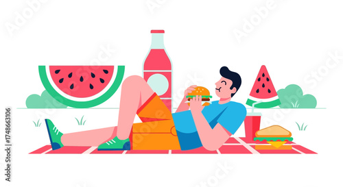 Summer Picnic Scene Depicting Man Relaxing And Consuming Hamburger And Watermelon.