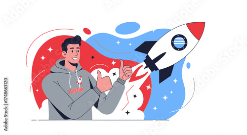 Successful Startup Concept Illustrated With A Rocket And An Enthusiastic Person