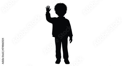 Silhouette of a child waving with raised hand against a white background