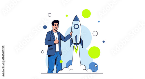 Successful Startup: A Business Owner Celebrating Launch With Rocketship Icon