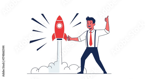 Successful Startup: Businessman Celebrates Rocket Launch, Symbolizing Growth and Innovation