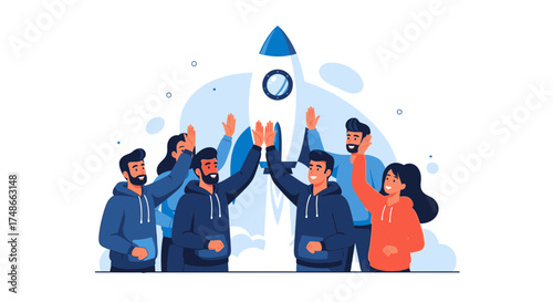 Successful Startup Team Celebrating a Project Launch with Rocket and High Fives