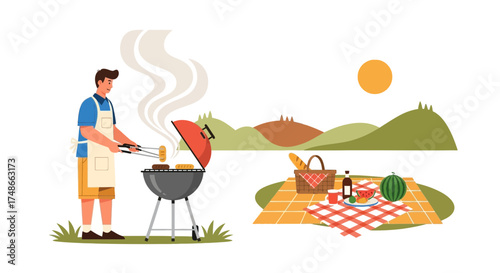 Summer picnic with barbecue and food on a blanket landscape illustration